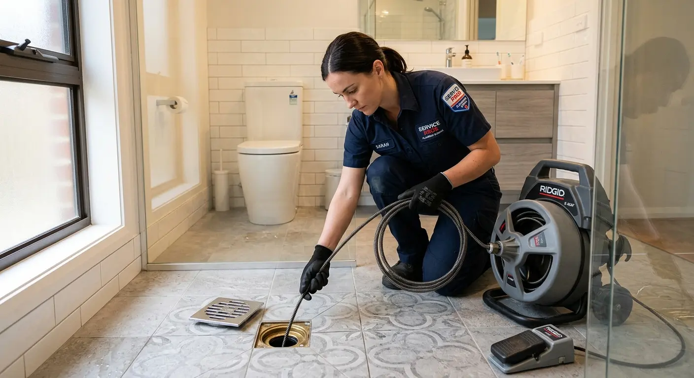 Technician clearing a bathroom floor drain for Drain Repair in Rockwood